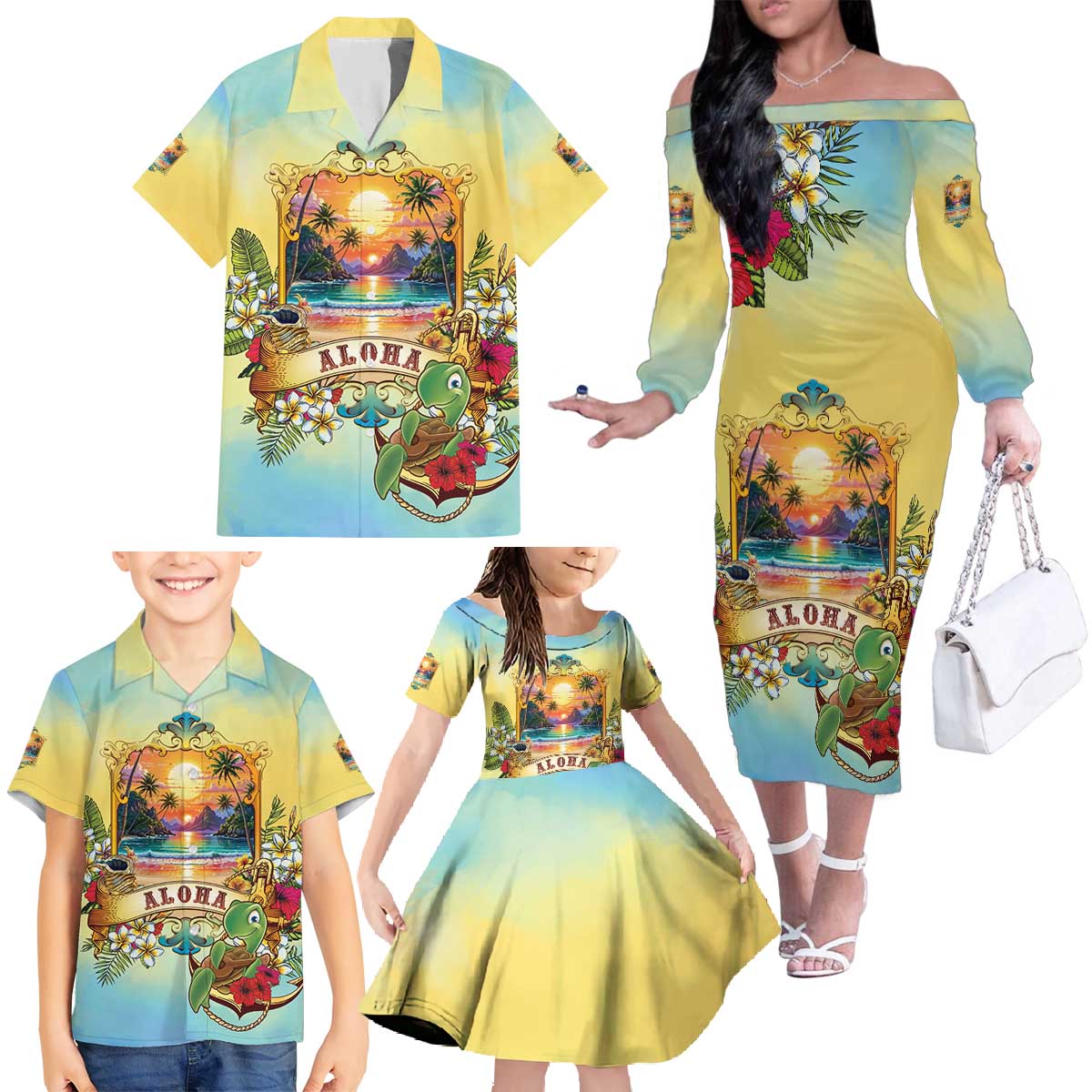 Aloha Hawaii Turtle Family Matching Off The Shoulder Long Sleeve Dress and Hawaiian Shirt Retro Style LT05 - Polynesian Pride