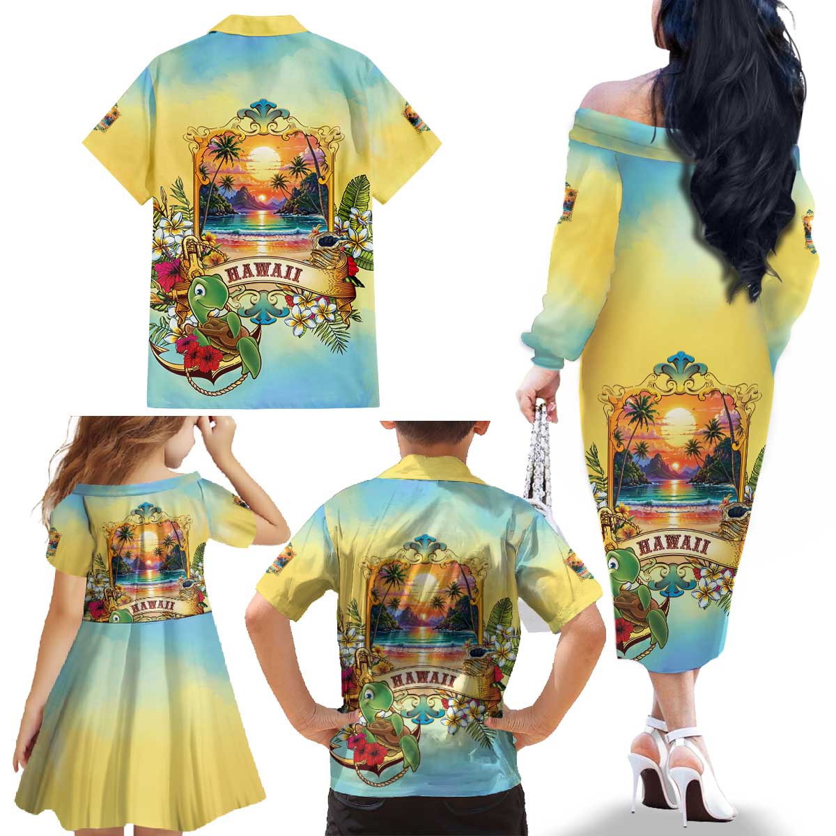 Aloha Hawaii Turtle Family Matching Off The Shoulder Long Sleeve Dress and Hawaiian Shirt Retro Style LT05 - Polynesian Pride