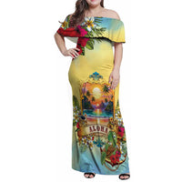 Aloha Hawaii Turtle Family Matching Off Shoulder Maxi Dress and Hawaiian Shirt Retro Style LT05 Mom's Dress Beige - Polynesian Pride