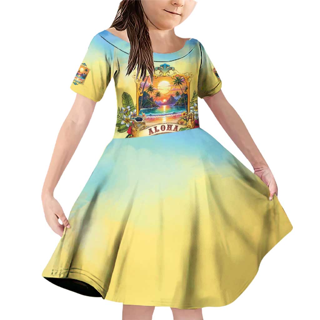 Aloha Hawaii Turtle Family Matching Off Shoulder Short Dress and Hawaiian Shirt Retro Style LT05 Daughter's Dress Beige - Polynesian Pride
