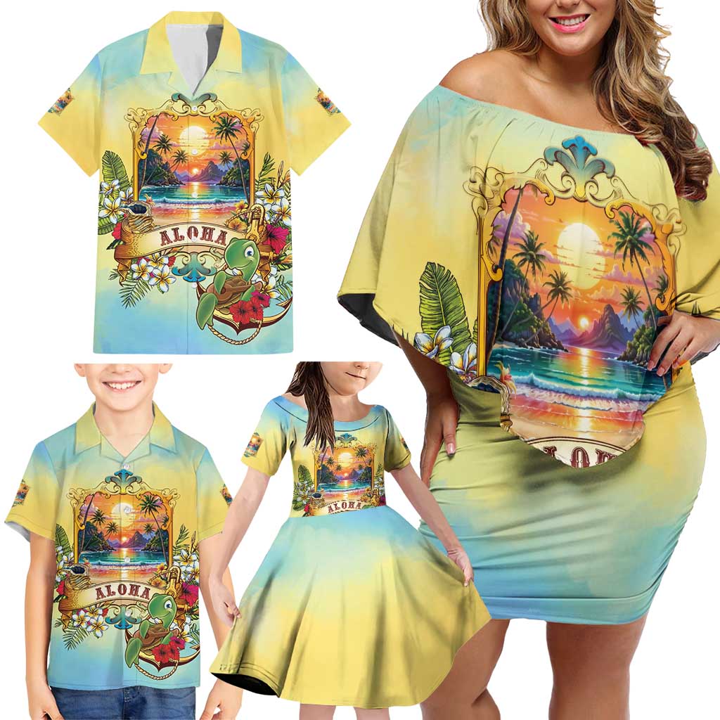 Aloha Hawaii Turtle Family Matching Off Shoulder Short Dress and Hawaiian Shirt Retro Style LT05 - Polynesian Pride