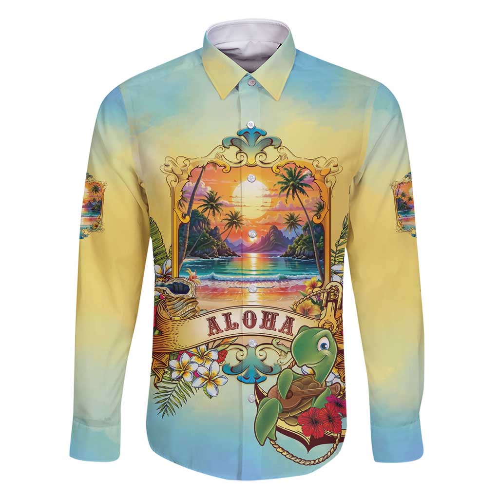 Aloha Hawaii Turtle Family Matching Off Shoulder Short Dress and Hawaiian Shirt Retro Style LT05 Dad's Shirt - Long Sleeve Beige - Polynesian Pride