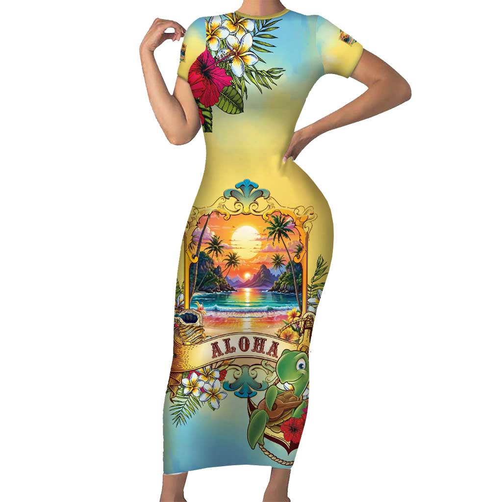 Aloha Hawaii Turtle Short Sleeve Bodycon Dress Retro Style LT05 Long Dress Beige - Polynesian Pride