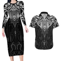 New Zealand Aotearoa Couples Matching Long Sleeve Bodycon Dress and Hawaiian Shirt Maori Manta Ray Moko Black LT05 Black - Polynesian Pride