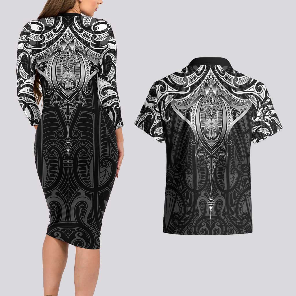 New Zealand Aotearoa Couples Matching Long Sleeve Bodycon Dress and Hawaiian Shirt Maori Manta Ray Moko Black LT05 - Polynesian Pride