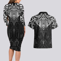 New Zealand Aotearoa Couples Matching Long Sleeve Bodycon Dress and Hawaiian Shirt Maori Manta Ray Moko Black LT05 - Polynesian Pride