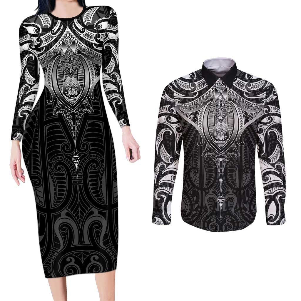 New Zealand Aotearoa Couples Matching Long Sleeve Bodycon Dress and Long Sleeve Button Shirt Maori Manta Ray Moko Black LT05 Black - Polynesian Pride