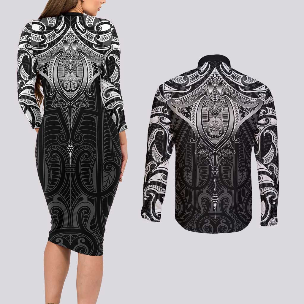 New Zealand Aotearoa Couples Matching Long Sleeve Bodycon Dress and Long Sleeve Button Shirt Maori Manta Ray Moko Black LT05 - Polynesian Pride