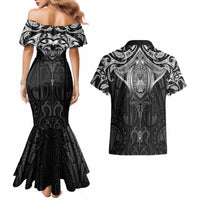 New Zealand Aotearoa Couples Matching Mermaid Dress and Hawaiian Shirt Maori Manta Ray Moko Black LT05 - Polynesian Pride