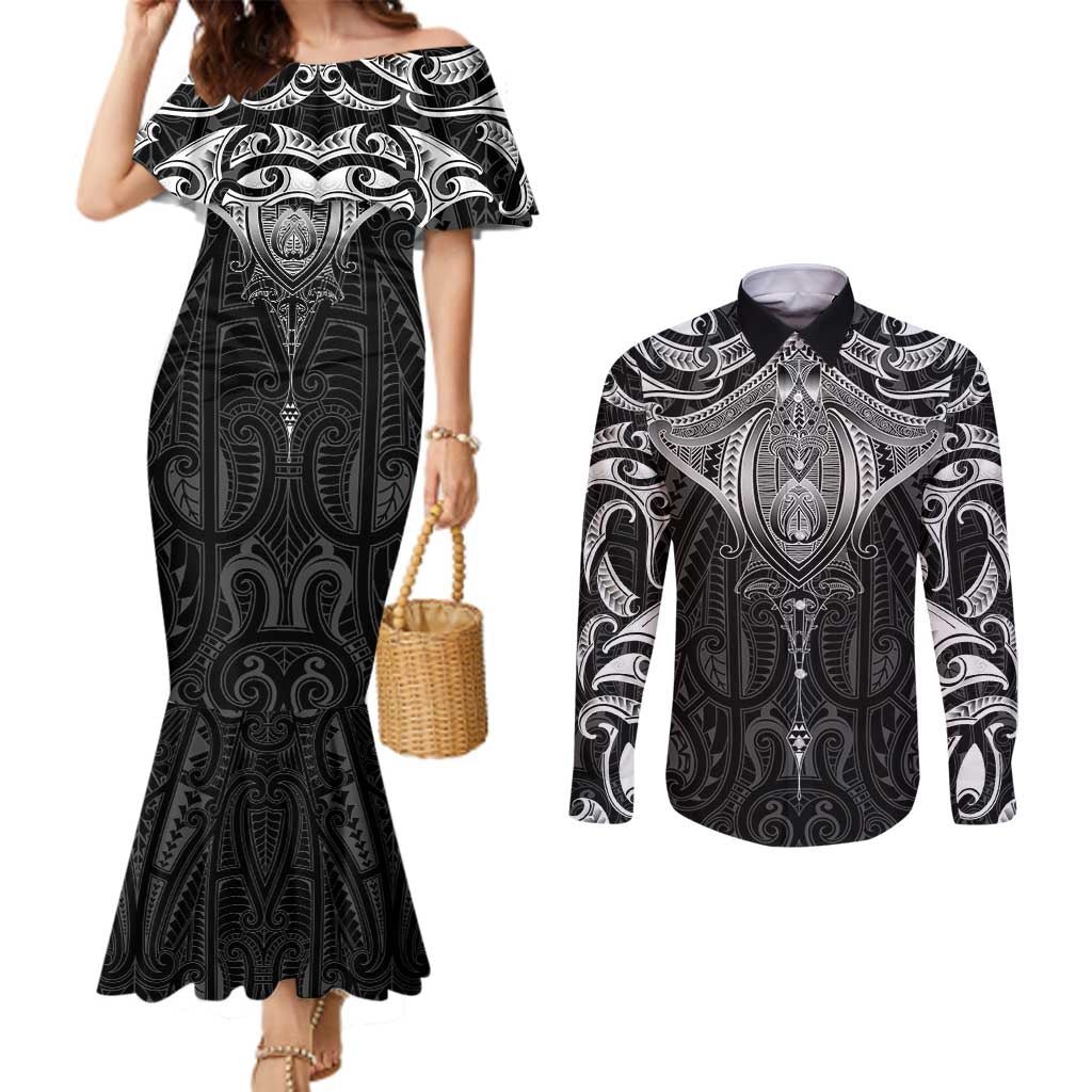 New Zealand Aotearoa Couples Matching Mermaid Dress and Long Sleeve Button Shirt Maori Manta Ray Moko Black LT05 Black - Polynesian Pride