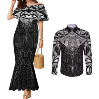 New Zealand Aotearoa Couples Matching Mermaid Dress and Long Sleeve Button Shirt Maori Manta Ray Moko Black LT05 Black - Polynesian Pride
