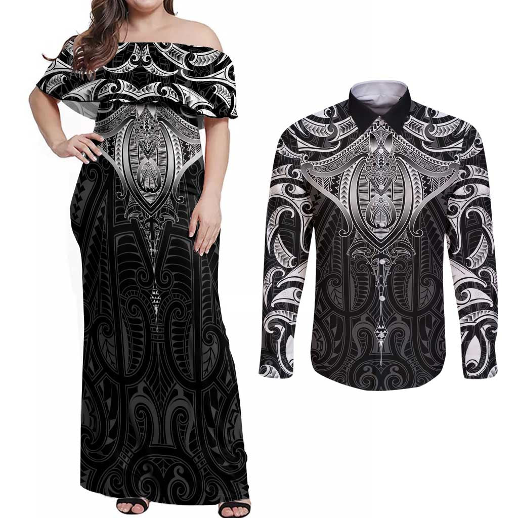 New Zealand Aotearoa Couples Matching Off Shoulder Maxi Dress and Long Sleeve Button Shirt Maori Manta Ray Moko Black LT05 Black - Polynesian Pride