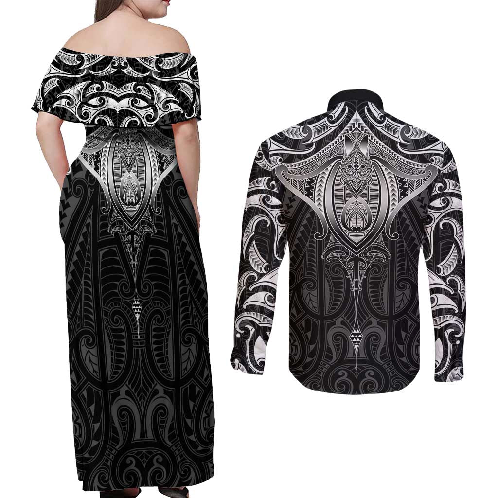 New Zealand Aotearoa Couples Matching Off Shoulder Maxi Dress and Long Sleeve Button Shirt Maori Manta Ray Moko Black LT05 - Polynesian Pride