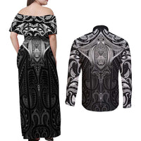 New Zealand Aotearoa Couples Matching Off Shoulder Maxi Dress and Long Sleeve Button Shirt Maori Manta Ray Moko Black LT05 - Polynesian Pride