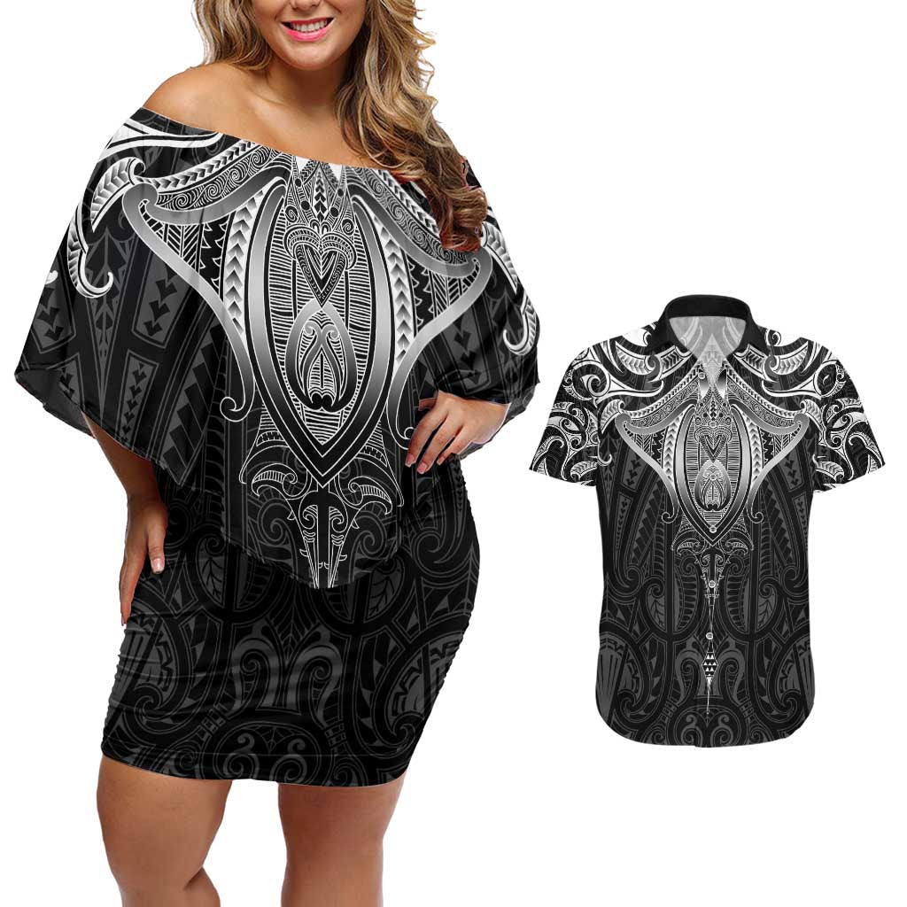 New Zealand Aotearoa Couples Matching Off Shoulder Short Dress and Hawaiian Shirt Maori Manta Ray Moko Black LT05 Black - Polynesian Pride