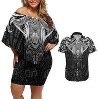 New Zealand Aotearoa Couples Matching Off Shoulder Short Dress and Hawaiian Shirt Maori Manta Ray Moko Black LT05 Black - Polynesian Pride