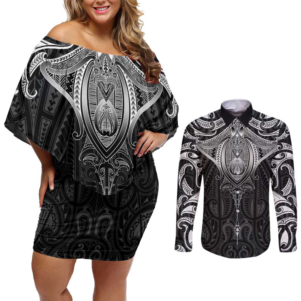 New Zealand Aotearoa Couples Matching Off Shoulder Short Dress and Long Sleeve Button Shirt Maori Manta Ray Moko Black LT05 Black - Polynesian Pride