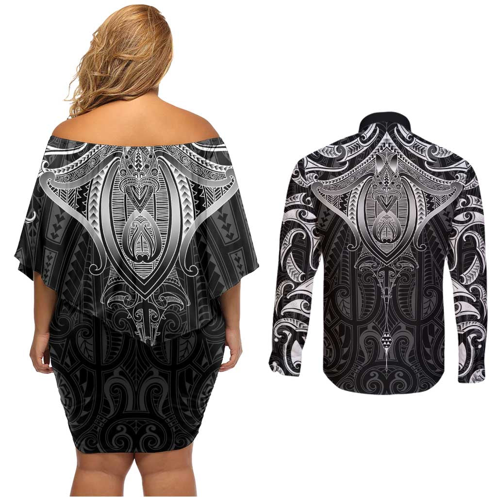 New Zealand Aotearoa Couples Matching Off Shoulder Short Dress and Long Sleeve Button Shirt Maori Manta Ray Moko Black LT05 - Polynesian Pride