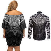 New Zealand Aotearoa Couples Matching Off Shoulder Short Dress and Long Sleeve Button Shirt Maori Manta Ray Moko Black LT05 - Polynesian Pride