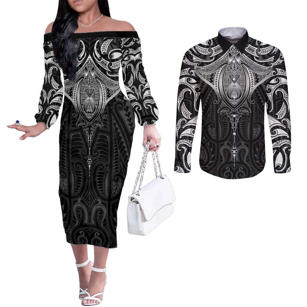 New Zealand Aotearoa Couples Matching Off The Shoulder Long Sleeve Dress and Long Sleeve Button Shirt Maori Manta Ray Moko Black LT05 Black - Polynesian Pride