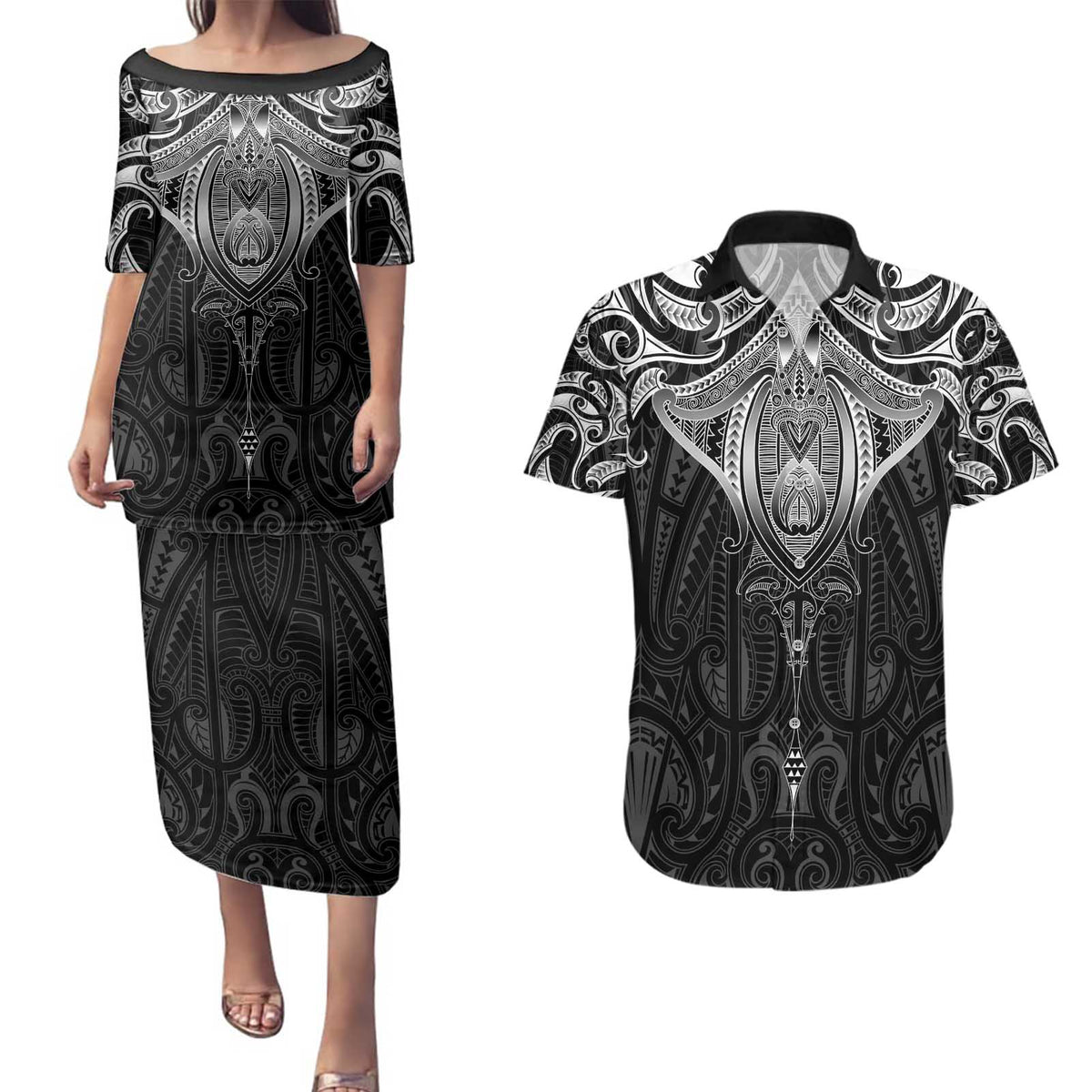 New Zealand Aotearoa Couples Matching Puletasi and Hawaiian Shirt Maori Manta Ray Moko Black LT05 Black - Polynesian Pride