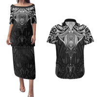 New Zealand Aotearoa Couples Matching Puletasi and Hawaiian Shirt Maori Manta Ray Moko Black LT05 Black - Polynesian Pride