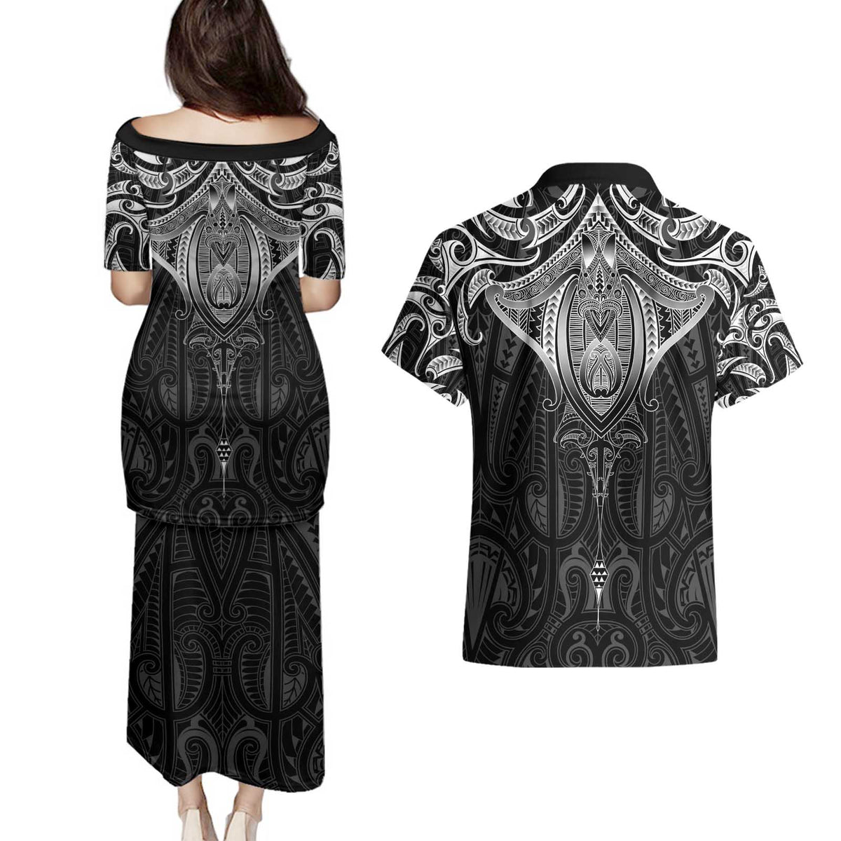 New Zealand Aotearoa Couples Matching Puletasi and Hawaiian Shirt Maori Manta Ray Moko Black LT05 - Polynesian Pride