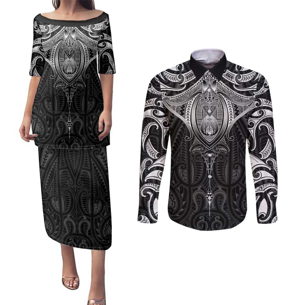 New Zealand Aotearoa Couples Matching Puletasi and Long Sleeve Button Shirt Maori Manta Ray Moko Black - Polynesian Pride