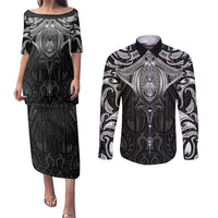 New Zealand Aotearoa Couples Matching Puletasi and Long Sleeve Button Shirt Maori Manta Ray Moko Black LT05 Black - Polynesian Pride