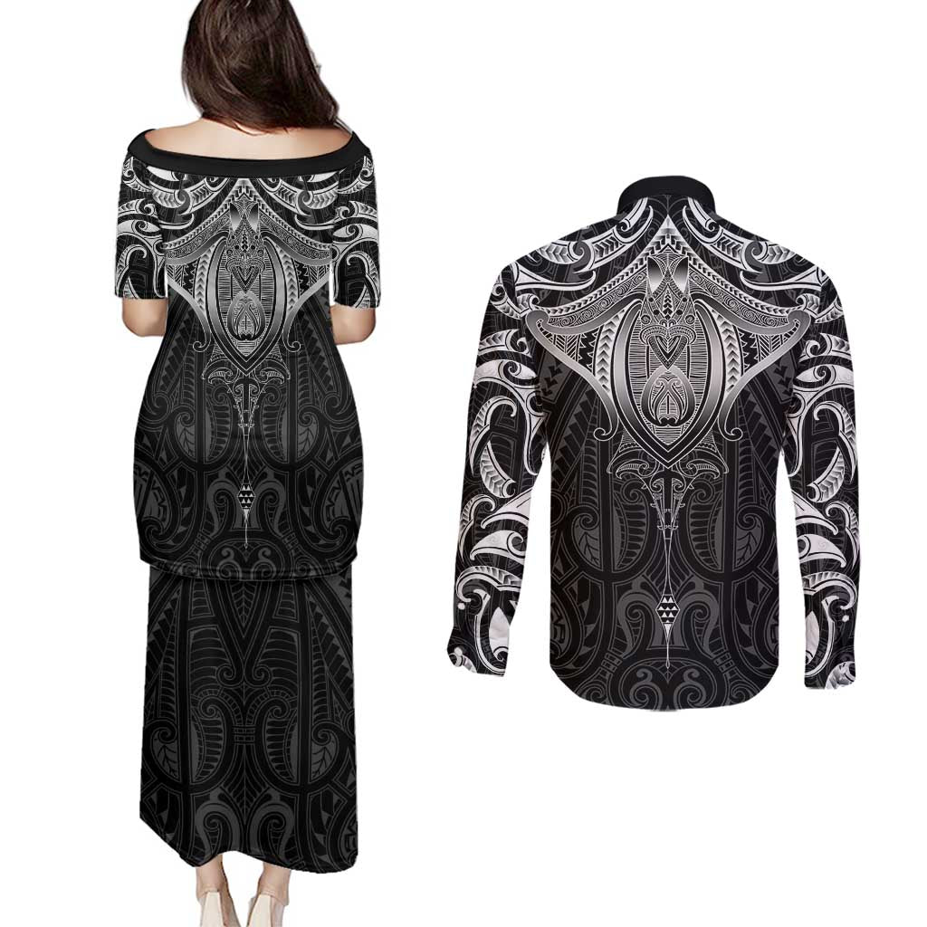 New Zealand Aotearoa Couples Matching Puletasi and Long Sleeve Button Shirt Maori Manta Ray Moko Black LT05 - Polynesian Pride