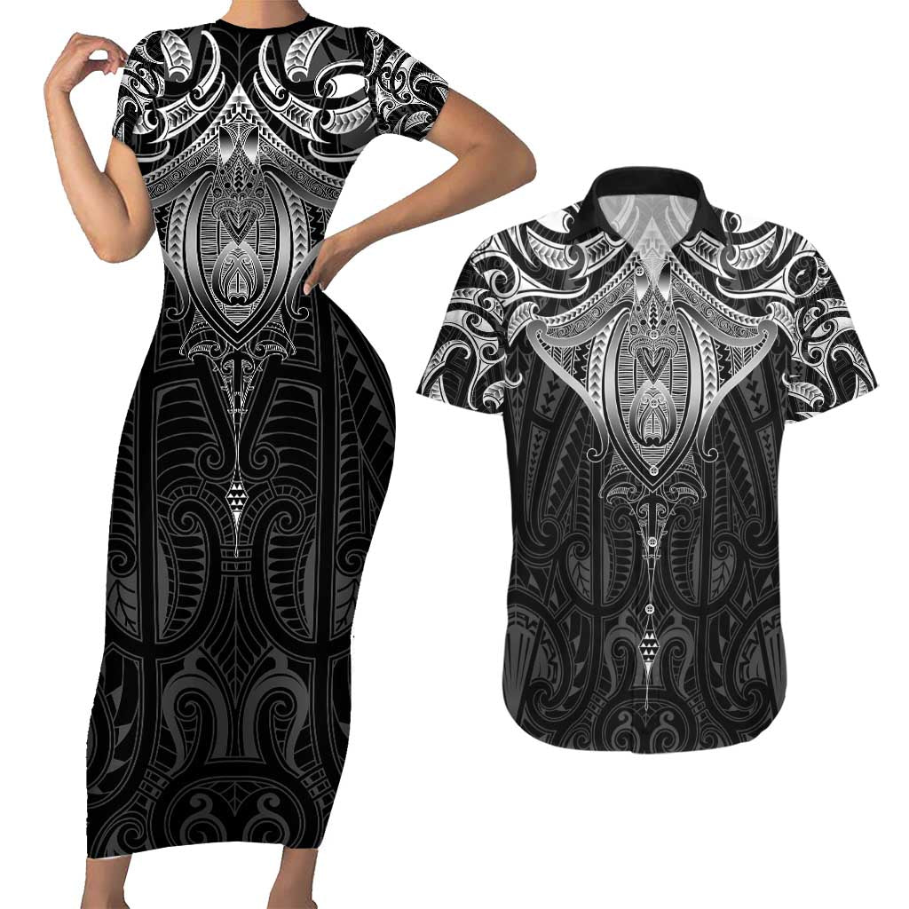 New Zealand Aotearoa Couples Matching Short Sleeve Bodycon Dress and Hawaiian Shirt Maori Manta Ray Moko Black LT05 Black - Polynesian Pride