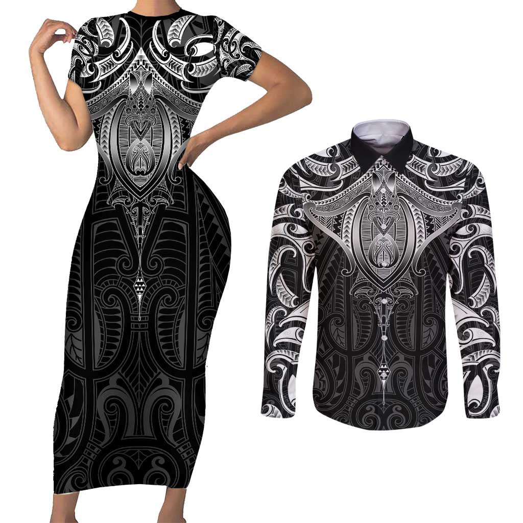 New Zealand Aotearoa Couples Matching Short Sleeve Bodycon Dress and Long Sleeve Button Shirt Maori Manta Ray Moko Black LT05 Black - Polynesian Pride