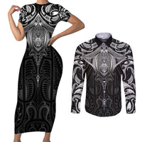 New Zealand Aotearoa Couples Matching Short Sleeve Bodycon Dress and Long Sleeve Button Shirt Maori Manta Ray Moko Black LT05 Black - Polynesian Pride