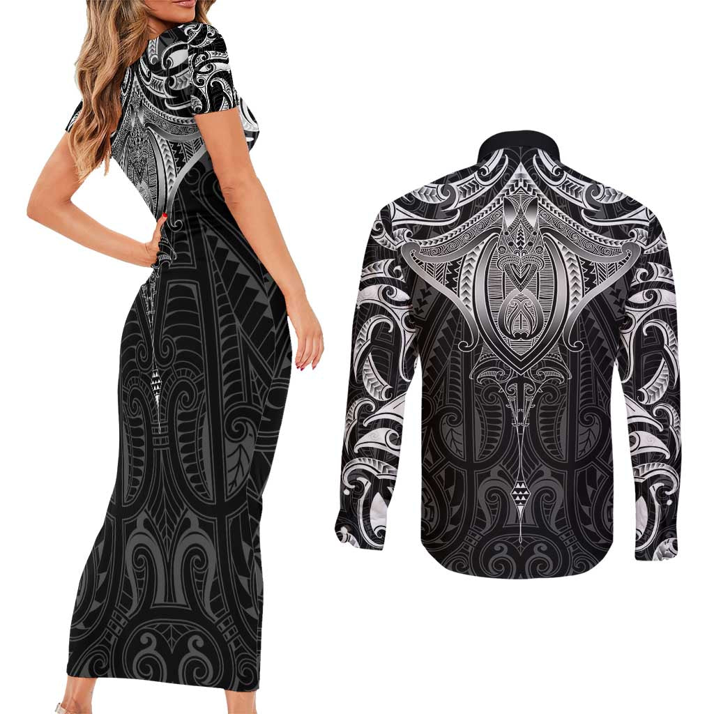 New Zealand Aotearoa Couples Matching Short Sleeve Bodycon Dress and Long Sleeve Button Shirt Maori Manta Ray Moko Black LT05 - Polynesian Pride
