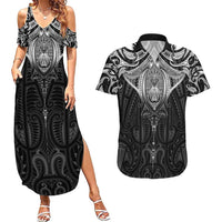 New Zealand Aotearoa Couples Matching Summer Maxi Dress and Hawaiian Shirt Maori Manta Ray Moko Black LT05 Black - Polynesian Pride