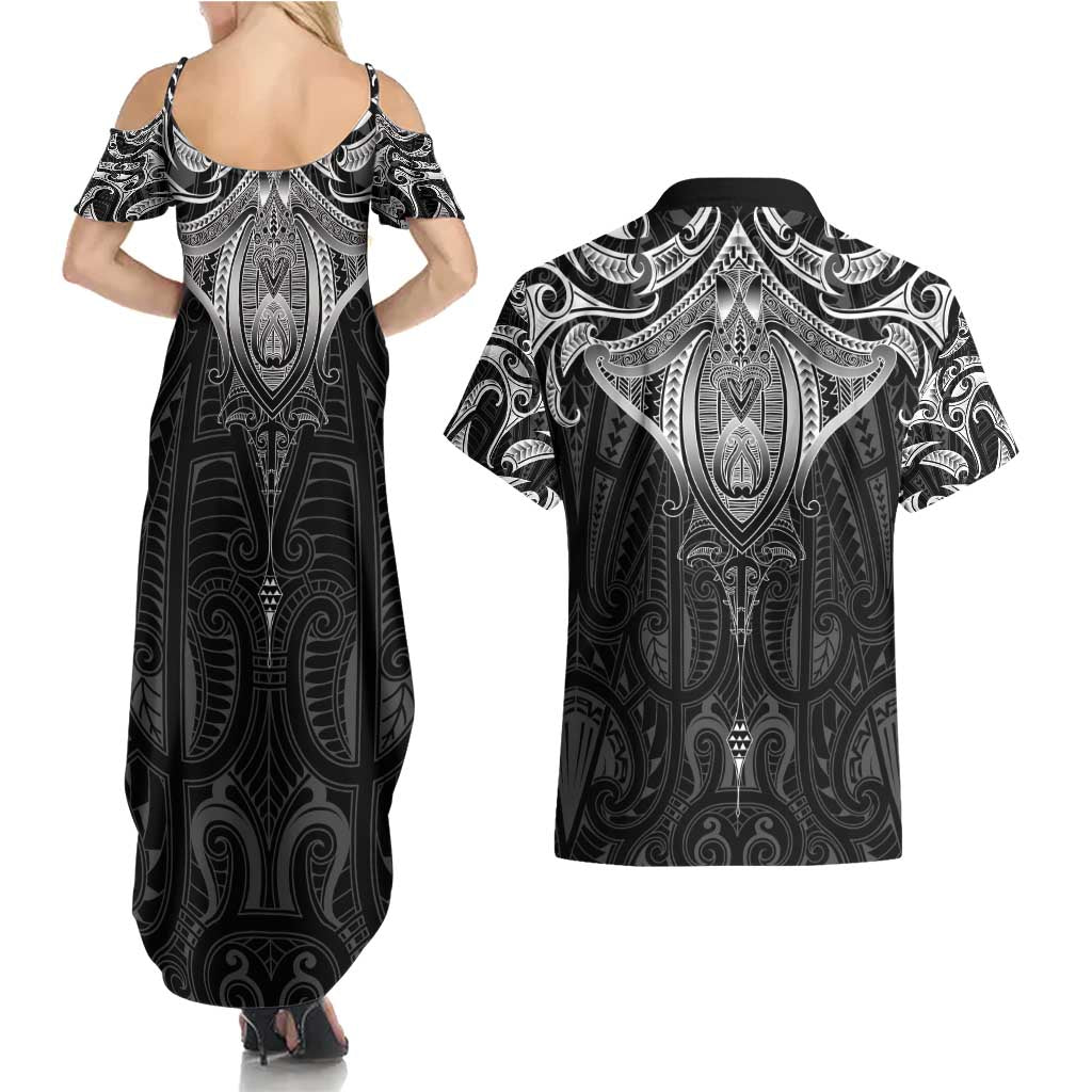 New Zealand Aotearoa Couples Matching Summer Maxi Dress and Hawaiian Shirt Maori Manta Ray Moko Black LT05 - Polynesian Pride