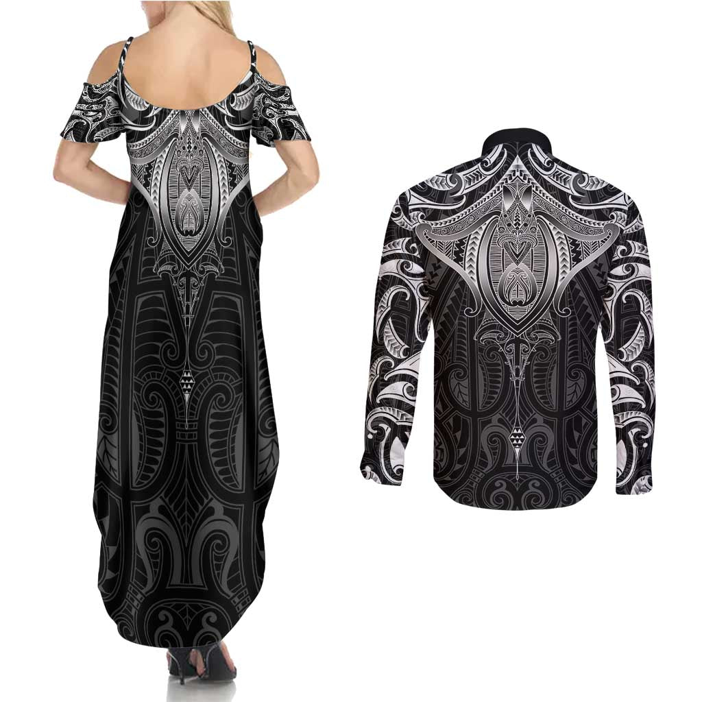 New Zealand Aotearoa Couples Matching Summer Maxi Dress and Long Sleeve Button Shirt Maori Manta Ray Moko Black LT05 - Polynesian Pride