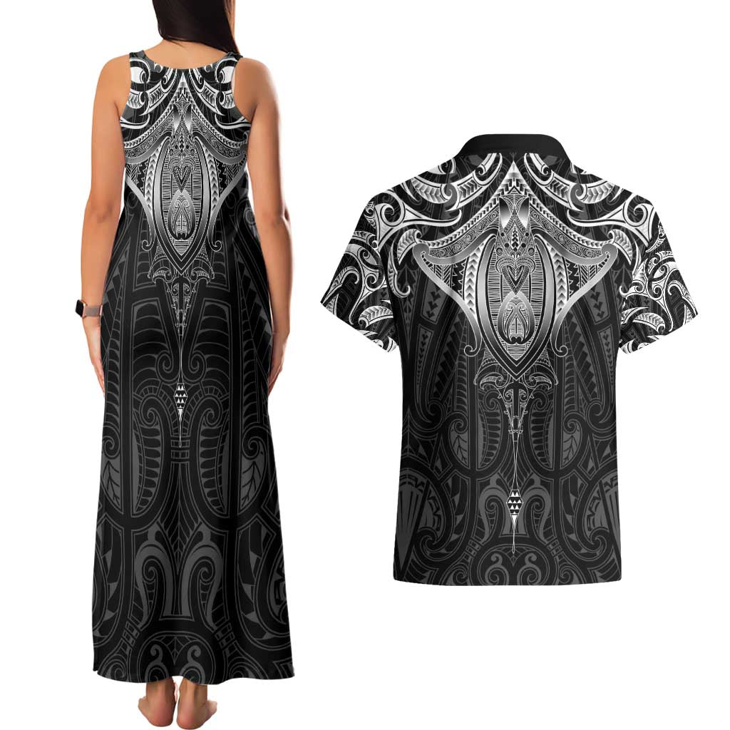 New Zealand Aotearoa Couples Matching Tank Maxi Dress and Hawaiian Shirt Maori Manta Ray Moko Black LT05 - Polynesian Pride
