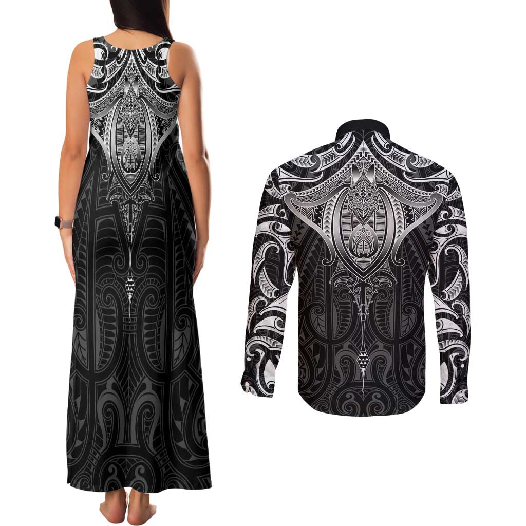 New Zealand Aotearoa Couples Matching Tank Maxi Dress and Long Sleeve Button Shirt Maori Manta Ray Moko Black LT05 - Polynesian Pride