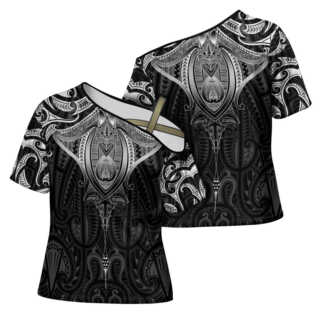 New Zealand Aotearoa Cross Shoulder Shirt Maori Manta Ray Moko Black - Polynesian Pride