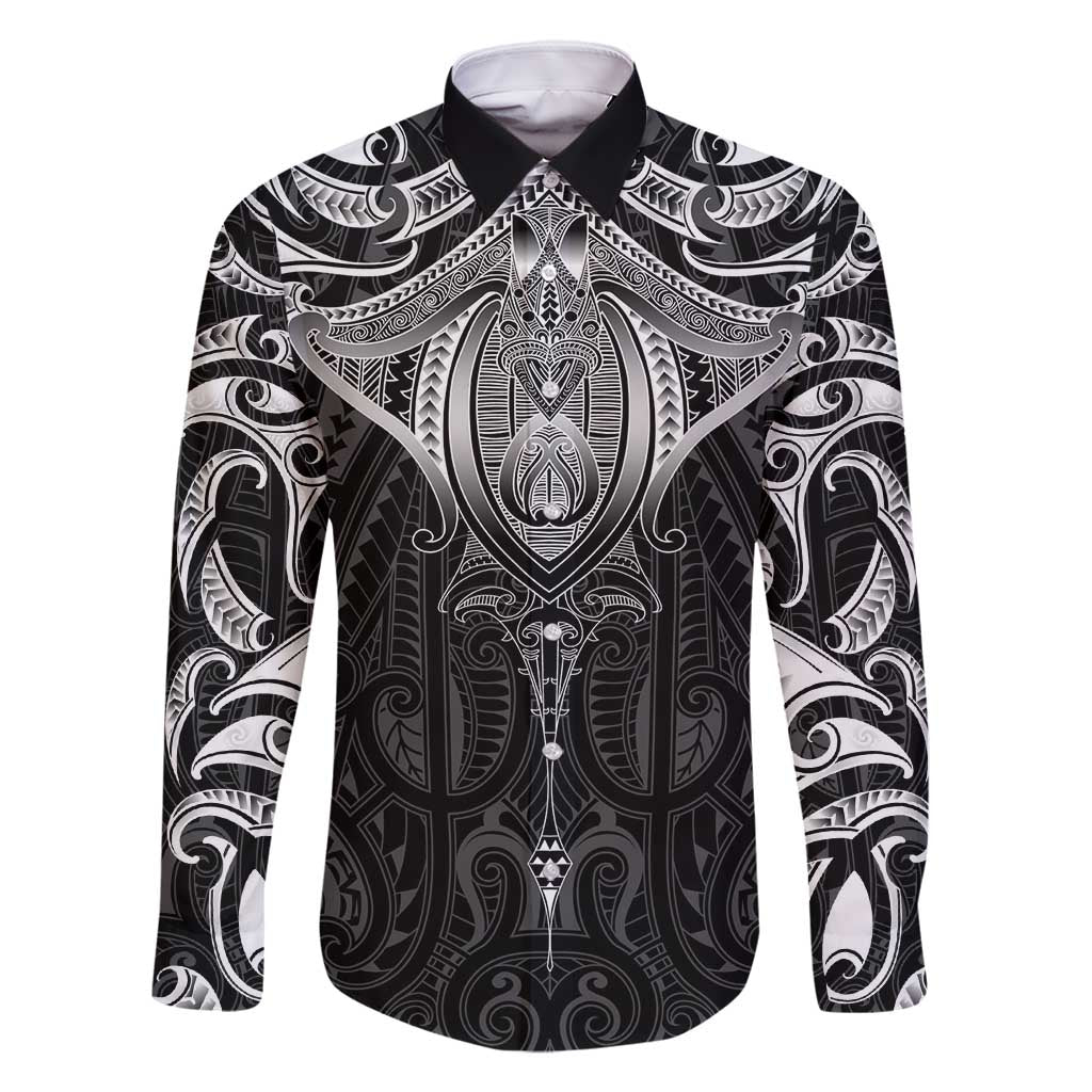 New Zealand Aotearoa Family Matching Mermaid Dress and Hawaiian Shirt Maori Manta Ray Moko Black LT05 Dad's Shirt - Long Sleeve Black - Polynesian Pride