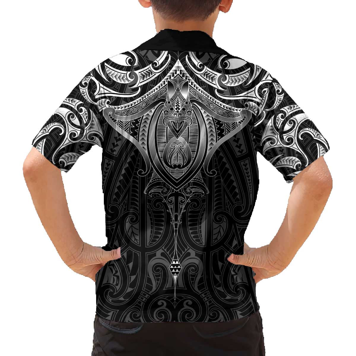 New Zealand Aotearoa Family Matching Off The Shoulder Long Sleeve Dress and Hawaiian Shirt Maori Manta Ray Moko Black LT05 - Polynesian Pride