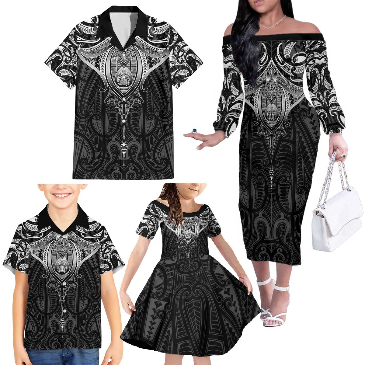 New Zealand Aotearoa Family Matching Off The Shoulder Long Sleeve Dress and Hawaiian Shirt Maori Manta Ray Moko Black LT05 - Polynesian Pride
