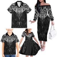 New Zealand Aotearoa Family Matching Off The Shoulder Long Sleeve Dress and Hawaiian Shirt Maori Manta Ray Moko Black LT05 - Polynesian Pride