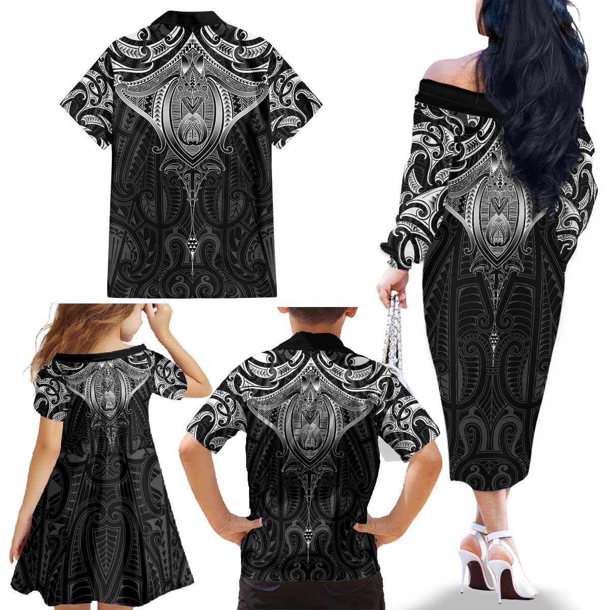 New Zealand Aotearoa Family Matching Off The Shoulder Long Sleeve Dress and Hawaiian Shirt Maori Manta Ray Moko Black LT05 - Polynesian Pride