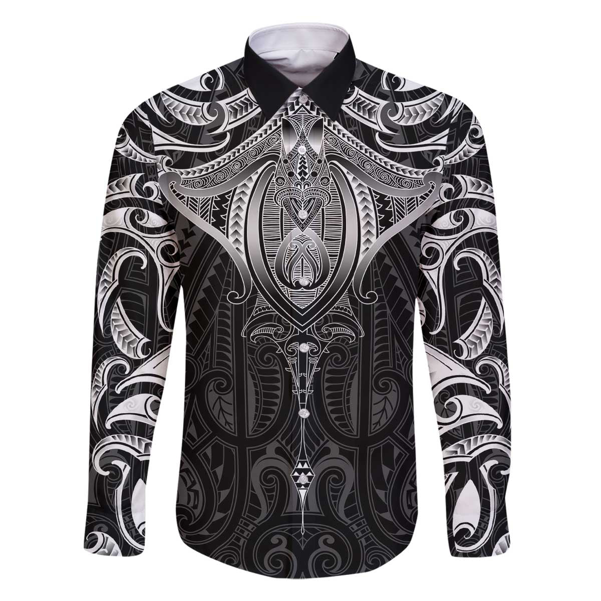 New Zealand Aotearoa Family Matching Off The Shoulder Long Sleeve Dress and Hawaiian Shirt Maori Manta Ray Moko Black LT05 Dad's Shirt - Long Sleeve Black - Polynesian Pride