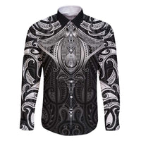 New Zealand Aotearoa Family Matching Off The Shoulder Long Sleeve Dress and Hawaiian Shirt Maori Manta Ray Moko Black LT05 Dad's Shirt - Long Sleeve Black - Polynesian Pride