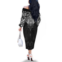 New Zealand Aotearoa Family Matching Off The Shoulder Long Sleeve Dress and Hawaiian Shirt Maori Manta Ray Moko Black LT05 - Polynesian Pride