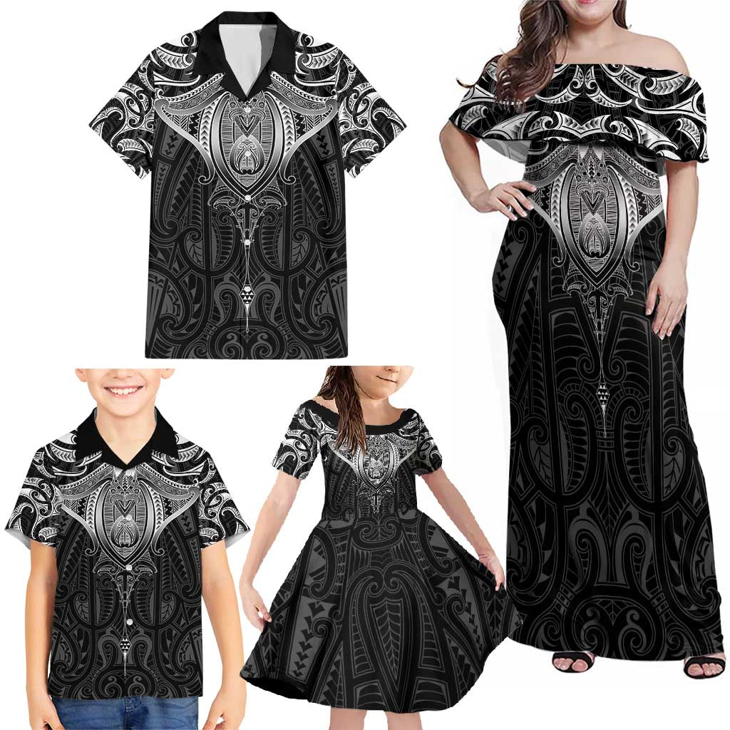 New Zealand Aotearoa Family Matching Off Shoulder Maxi Dress and Hawaiian Shirt Maori Manta Ray Moko Black LT05 - Polynesian Pride