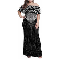 New Zealand Aotearoa Family Matching Off Shoulder Maxi Dress and Hawaiian Shirt Maori Manta Ray Moko Black LT05 Mom's Dress Black - Polynesian Pride